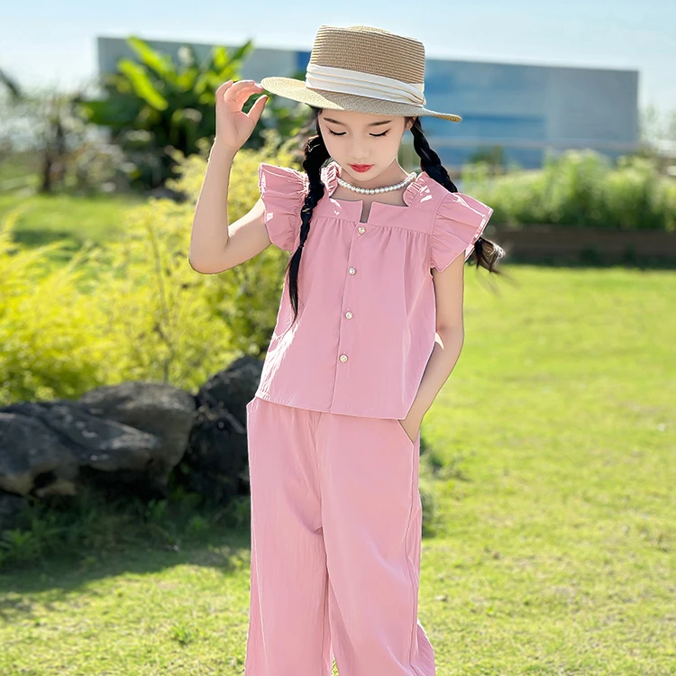 2025夏季新款女童飞袖上衣阔腿裤套装儿童小女孩时髦甜美韩版