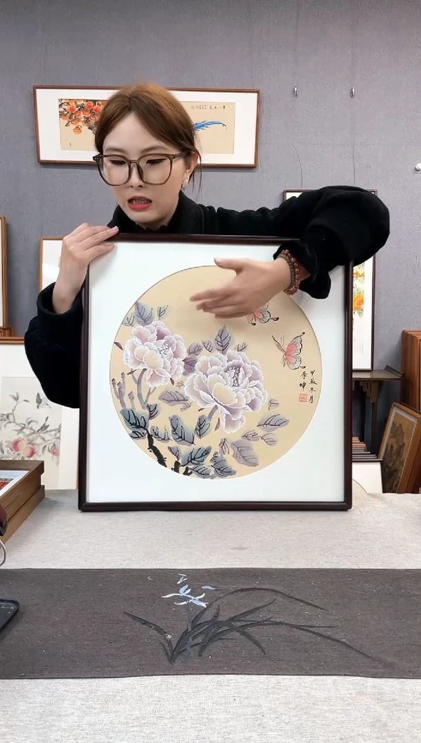 【闪购商品】国画李坤-手绘带框作品-53*53-牡丹