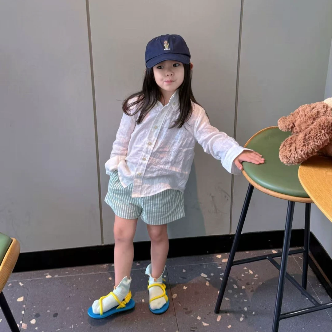 甜小七2025新款女童百搭韩版洋气翻领长袖衬衫复古条纹短裤套装