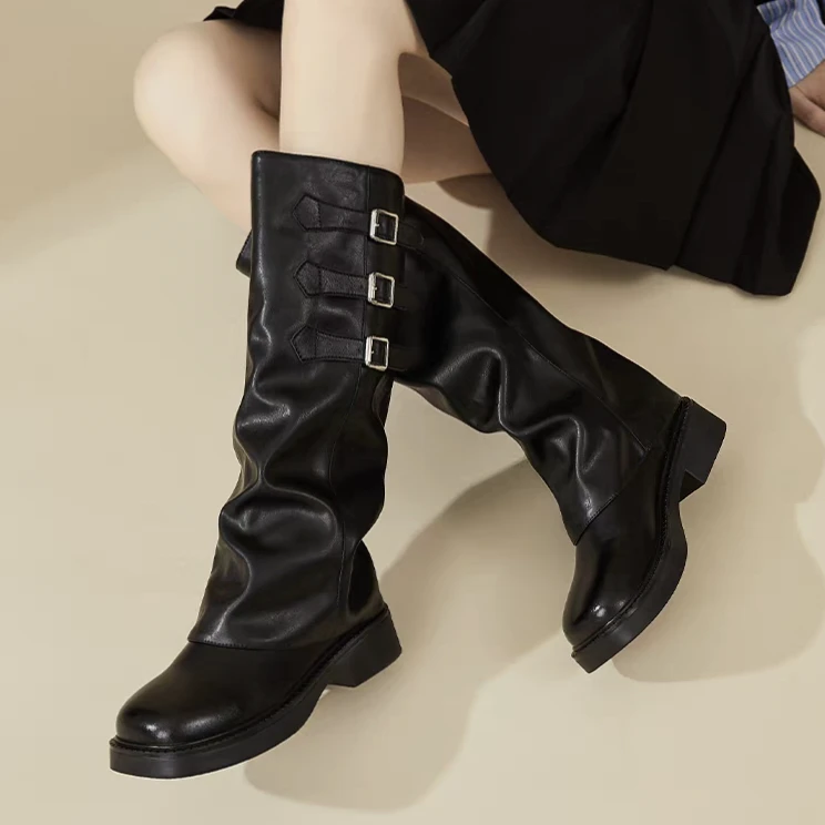 【米热】618-厚底复古裤管长筒骑士靴女鞋秋冬季棕色堆堆靴高筒长靴