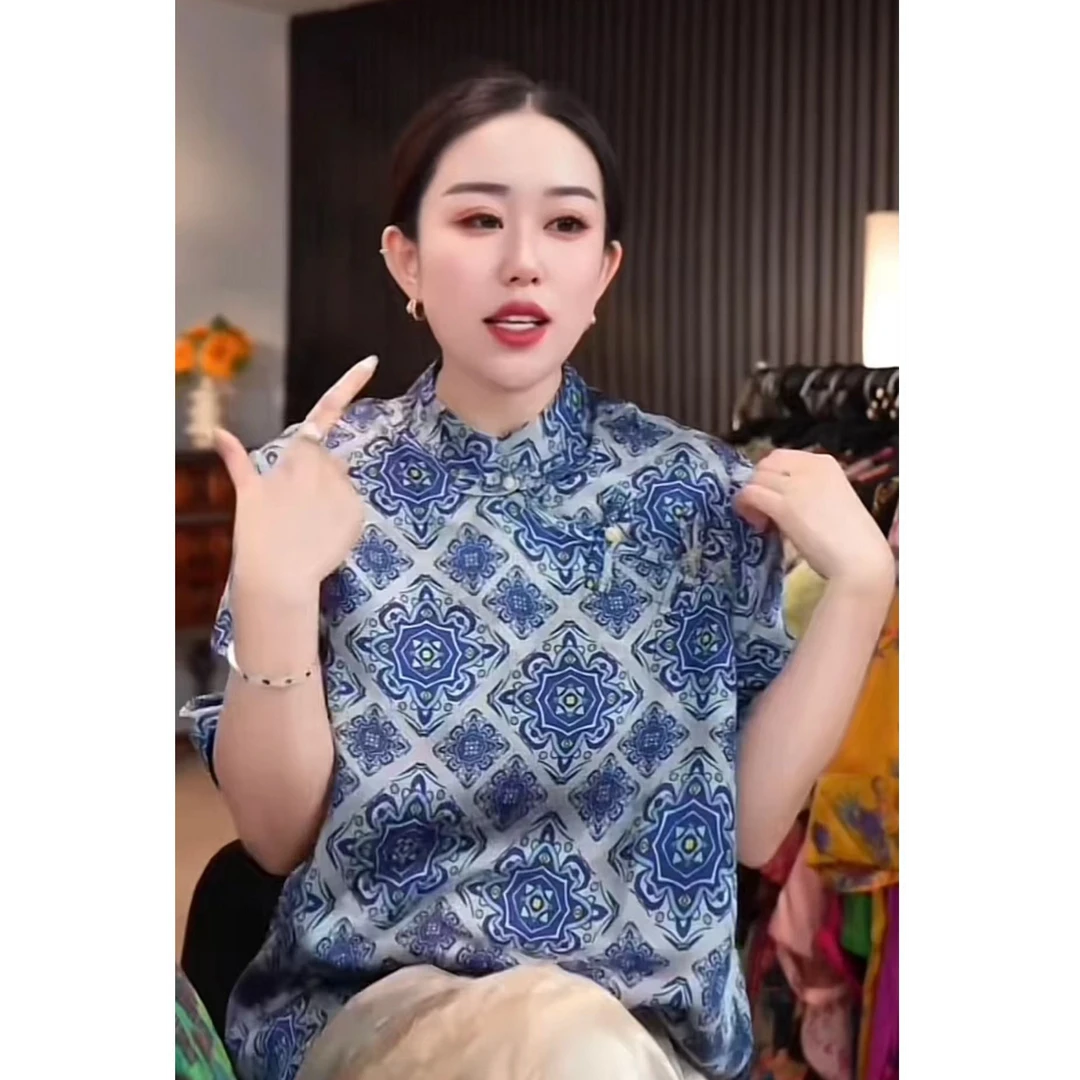 【青花宝相】新中式国风气质上衣显瘦斜襟时尚短袖百搭