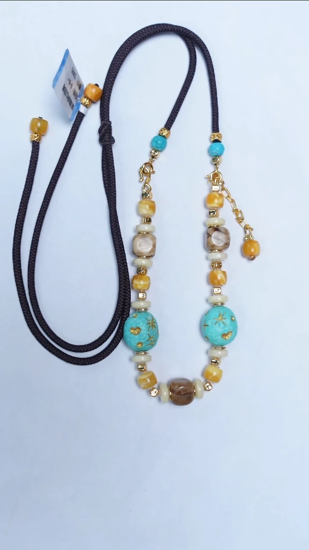 未镶嵌绿松石颈饰绿松石根珀项链