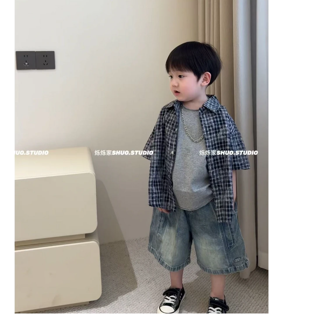 烁烁家夏季新款超帅衬衣人类幼崽户外穿搭格子衬衣