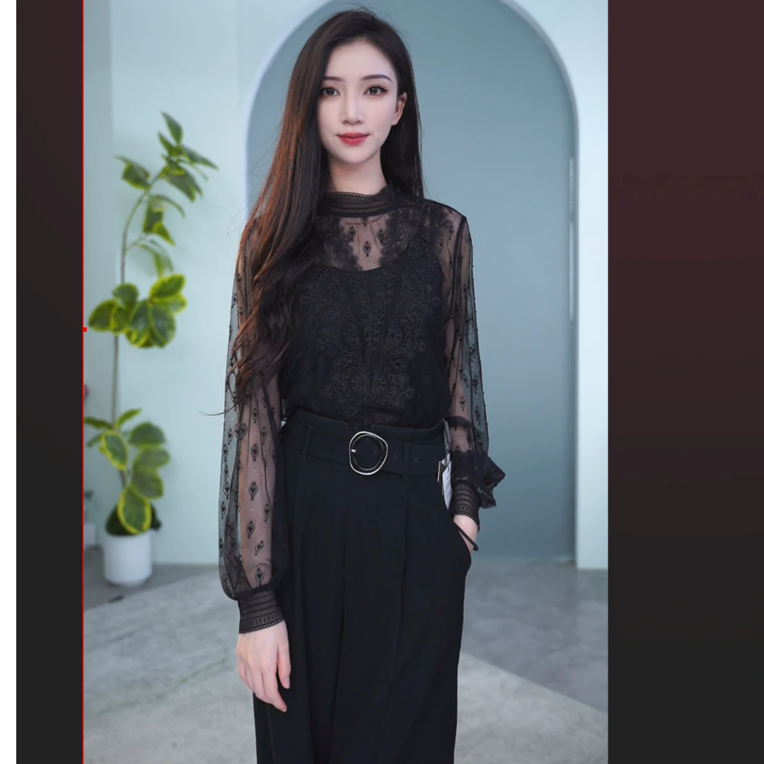 【诗语专属】曼德诗女士休闲时尚黑色印花满印提花蕾丝衬衫M331163