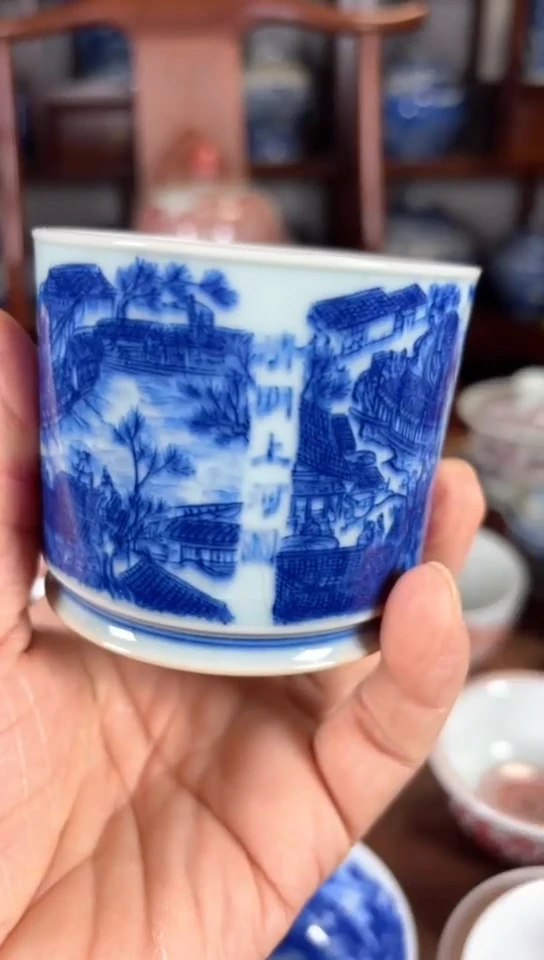 悠**杜柴窑青花清明上河图杯杯