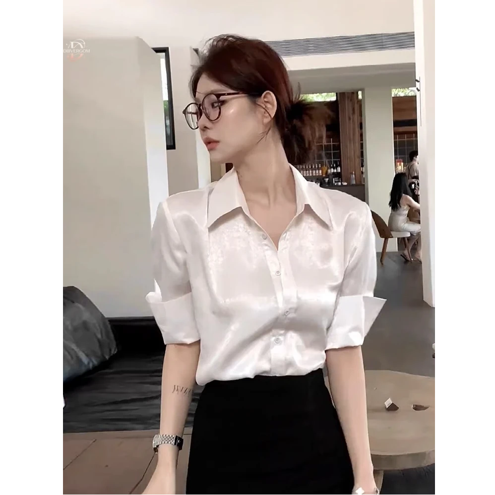 法式缎面翻领长袖白色衬衫女夏季纯欲慵懒风高级感女装气质上衣