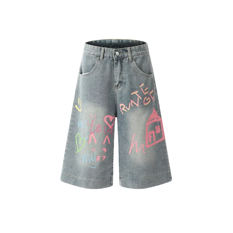 2025夏季新款韩系高腰显瘦时尚涂鸦设计感七分裤直筒牛仔裤中裤女