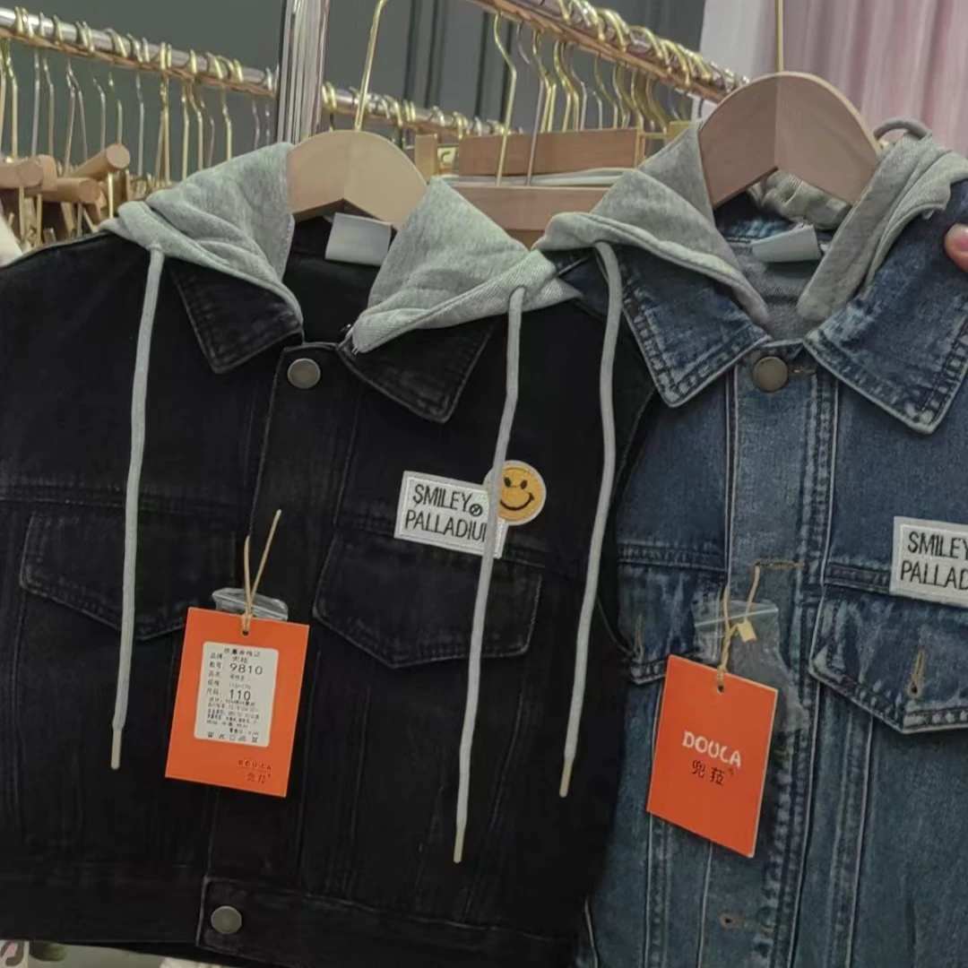 现货   2025加绒马甲儿童新款女童男童连帽牛仔外套9817