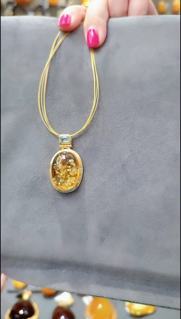 银S925镀金镶嵌颈饰琥珀﹣A689琥珀吊坠赠项圈