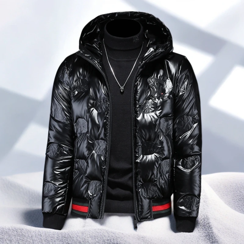 宾斯洛特时尚连帽羽绒服男士冬季潮牌亮面白鸭绒青年保暖短款外套