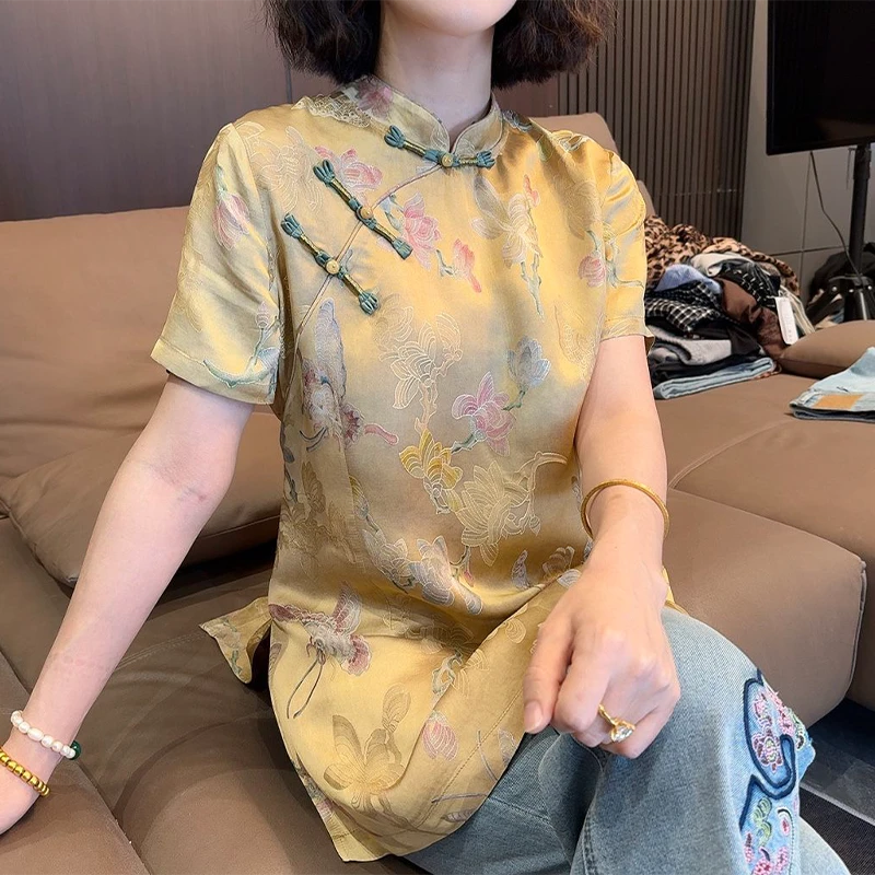 新中式刺绣时尚印花衬衫女士2025夏季新款中国风气质黄色盘扣衬衣