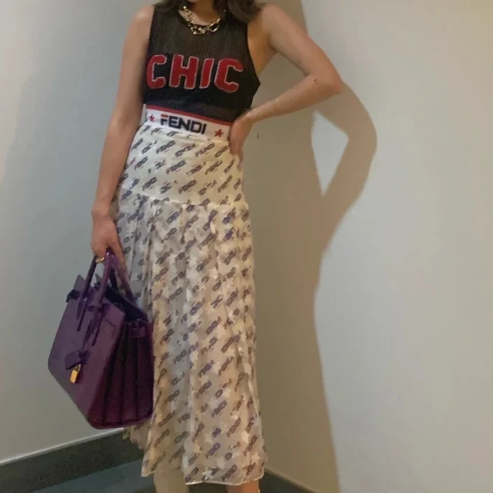 未使用 FENDI/芬迪 白色满印字母logo真丝长裙 38 9743330