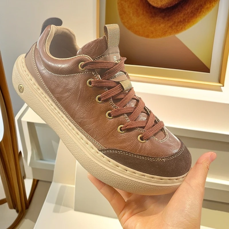 【亮哥鞋业】复古百搭休闲皮鞋春秋圆头纯色减震单鞋系带舒适2501