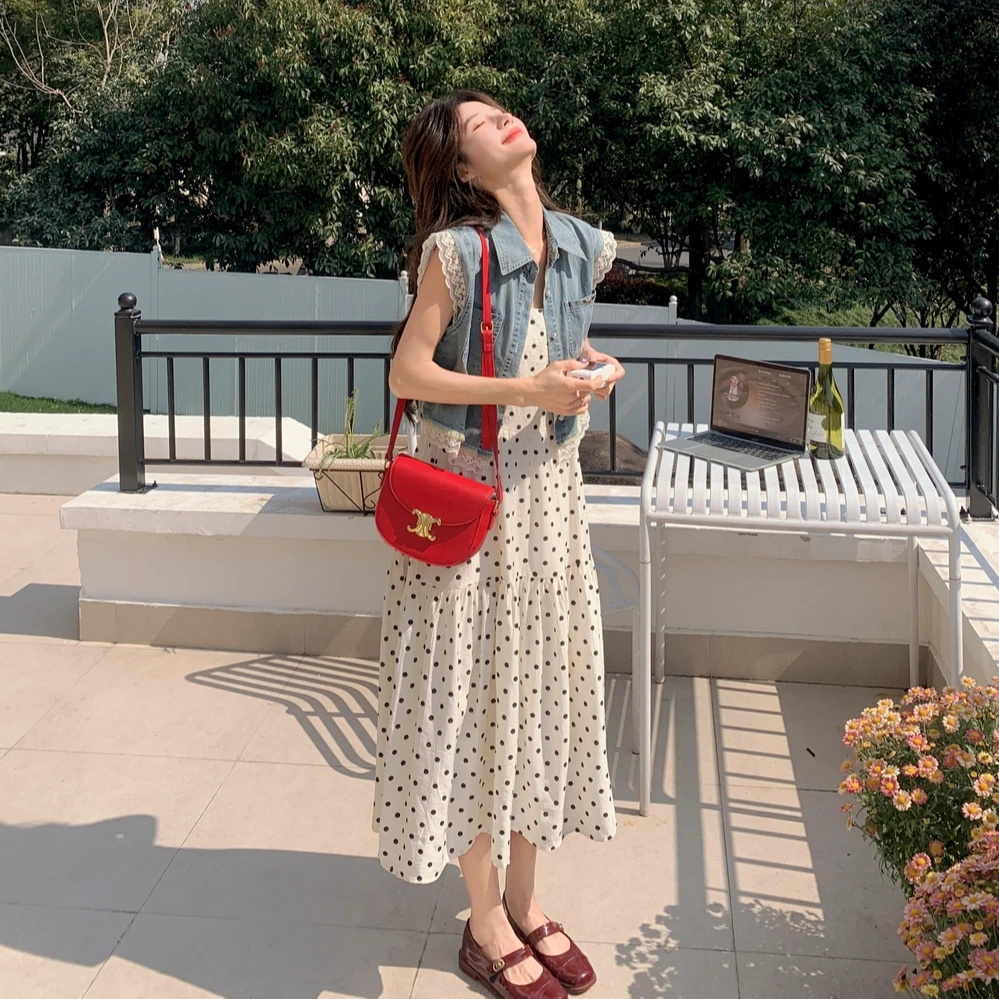 波点连衣裙套装女2025夏季新款复古蕾丝无袖牛仔外套吊带裙两件套