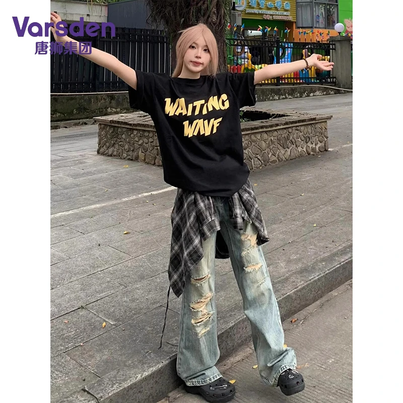 唐狮集团Varsden美式复古印花短袖T恤男女夏季新款宽松五分袖上衣