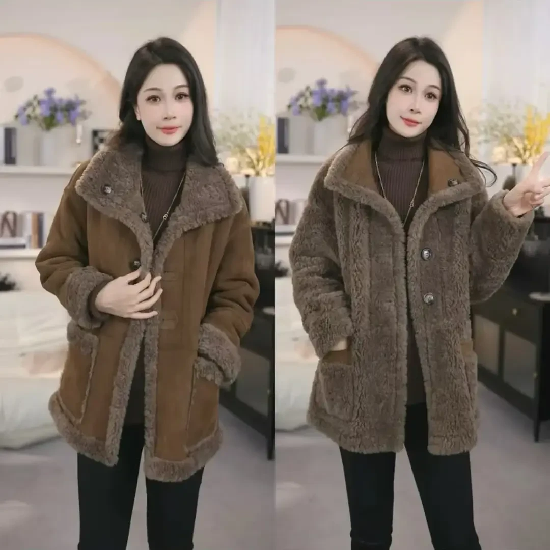 双面穿新款时尚宽松外套百搭显瘦加厚冬季皮毛一体外套