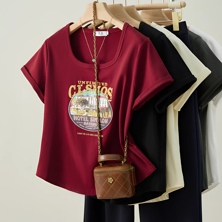 2025夏装新款胖mm大码女休闲印花弧形短袖T恤上衣女