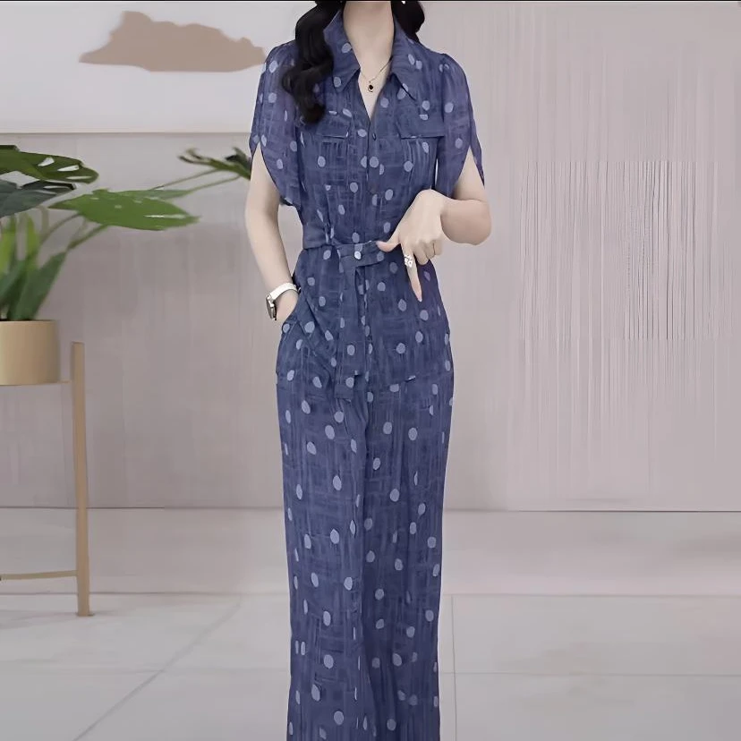 轻奢蓝波点两件套夏季新款优雅气质时尚大气休闲收腰显瘦通勤套装