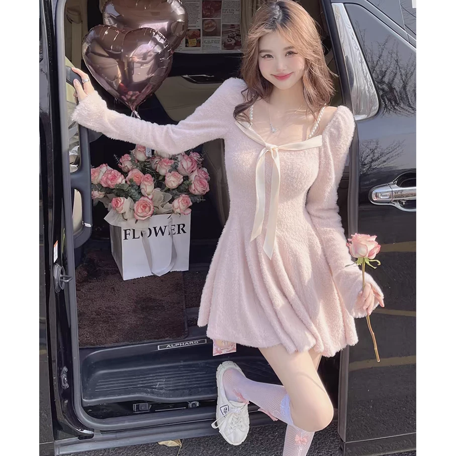 微胖法式甜美蝴蝶结针织长袖连衣裙女秋季大码纯欲收腰短裙10109