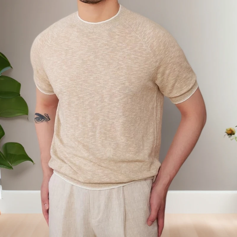 CF修峰夏季圆领亚麻棉休闲针织短袖T恤透气轻薄修身通勤体恤男