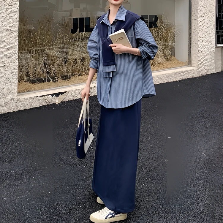 条纹衬衫披肩半身裙休闲大码宽松三件套装财阀女装禅意仙气飘飘