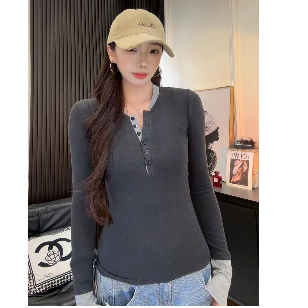 长袖圆领打底衫百搭T恤针织假两件黑色