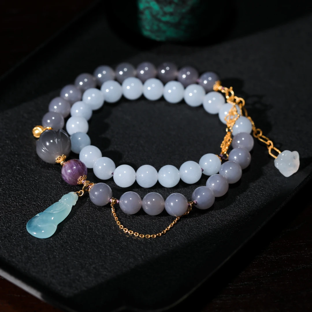 【意婵】精品天然紫翡翠和田玉烟紫渐变双圈18K金无相佛水晶-905754