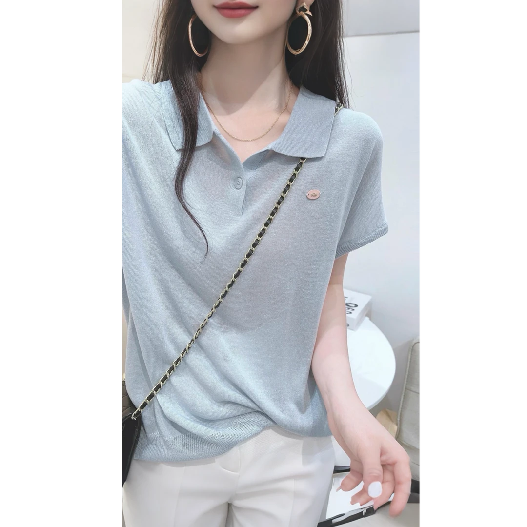 欧货蓝色翻领短袖薄款冰丝POLO针织衫女夏新宽松百搭显瘦T恤上衣