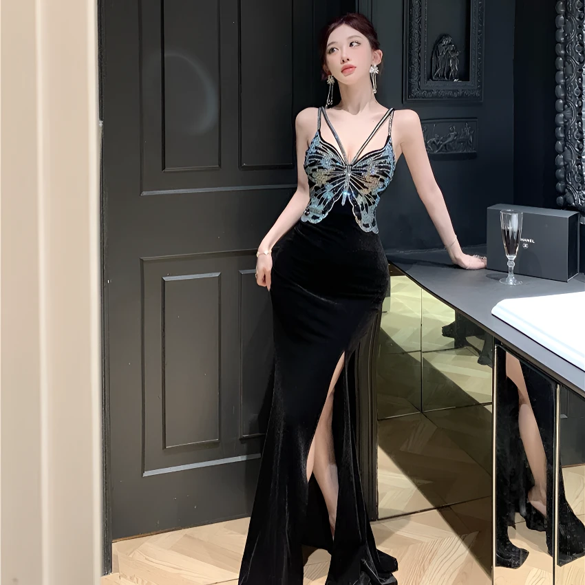 吊带丝绒小礼服包臀裙纯欲风时尚年会主持人生日开叉鱼尾连衣裙女
