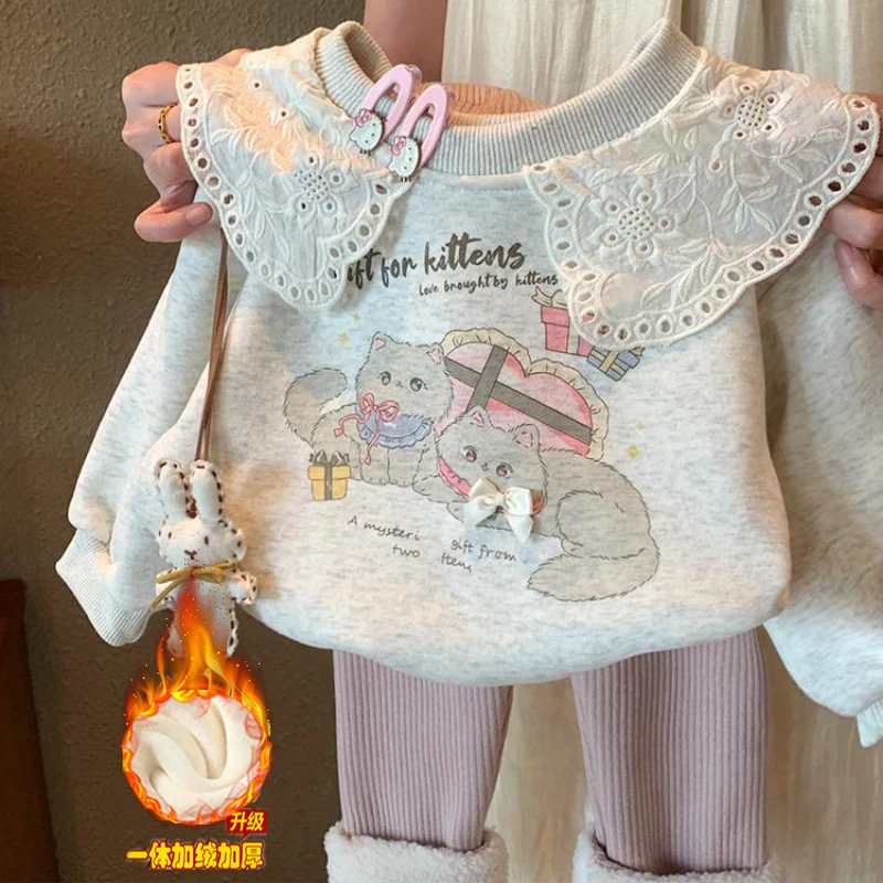 女童加绒加厚卫衣24新款秋冬儿童洋气绒衫宝宝卡通花边领拼接上衣