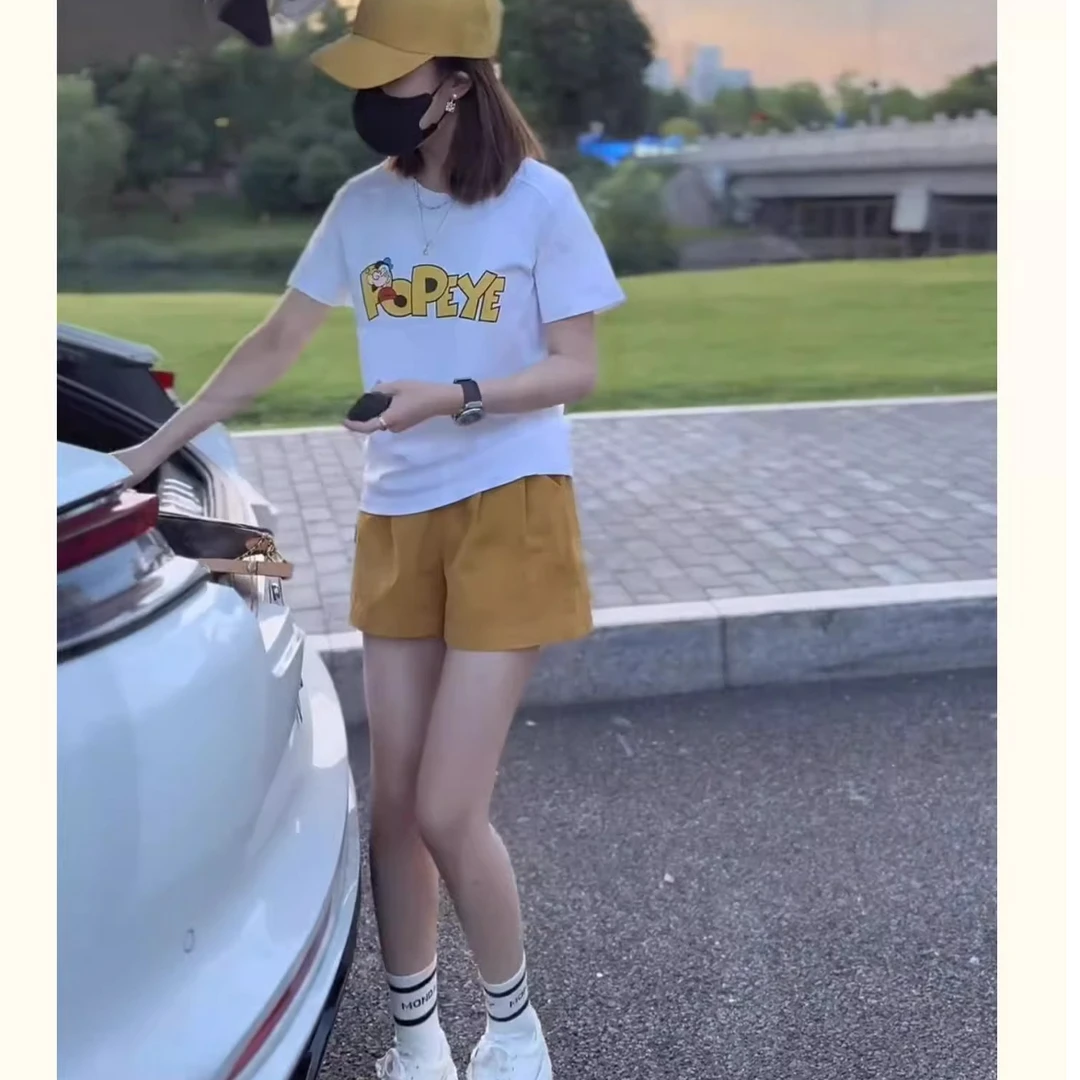 时尚休闲短裤穿搭一整套新款洋气减龄印花短袖上衣五分短裤两件套