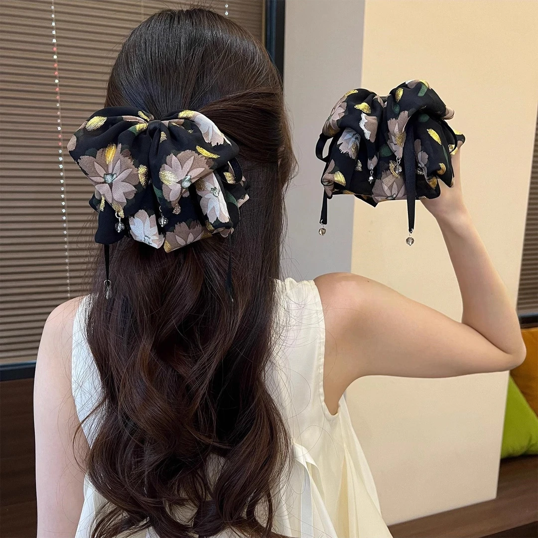 油画网红马尾夹雪纺高端气质飘带吊珠懒人抓夹氛围显发量发饰头饰