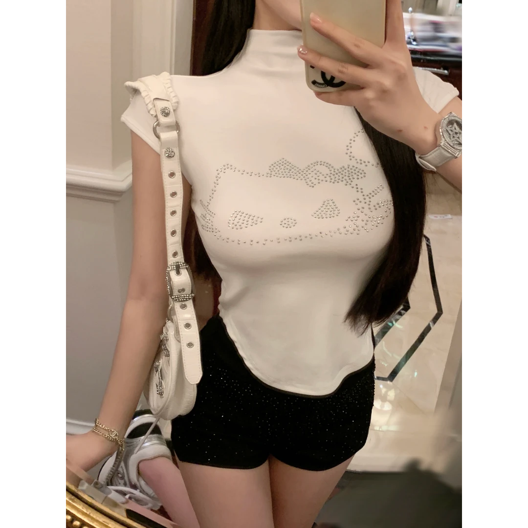 2025新款纯欲小高领修身钻钻短袖T恤女设计感小众气质短款上衣夏