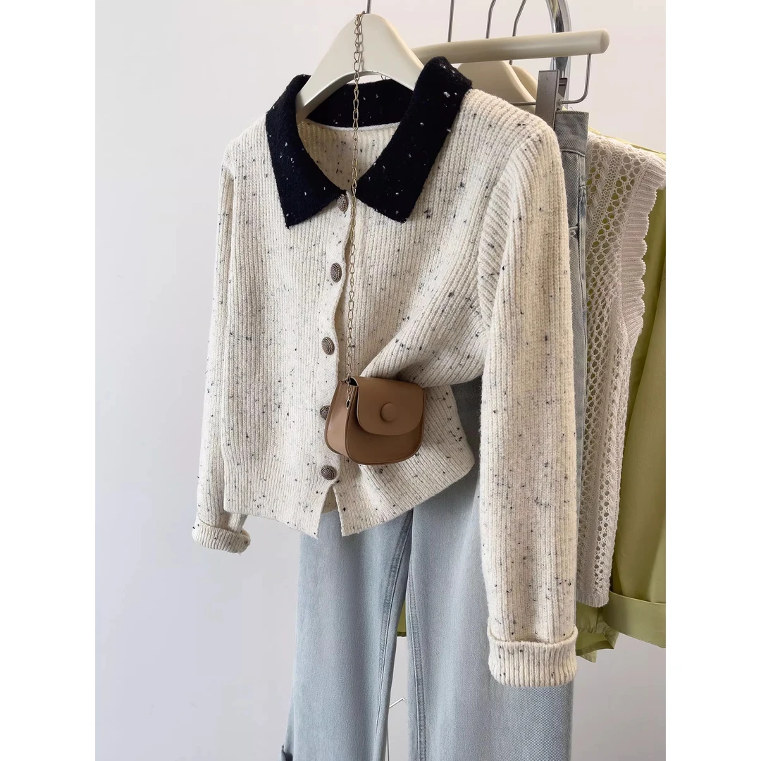 秋冬季小香风毛衣开衫外套女名媛气质针织衫小个子短款Polo领上衣