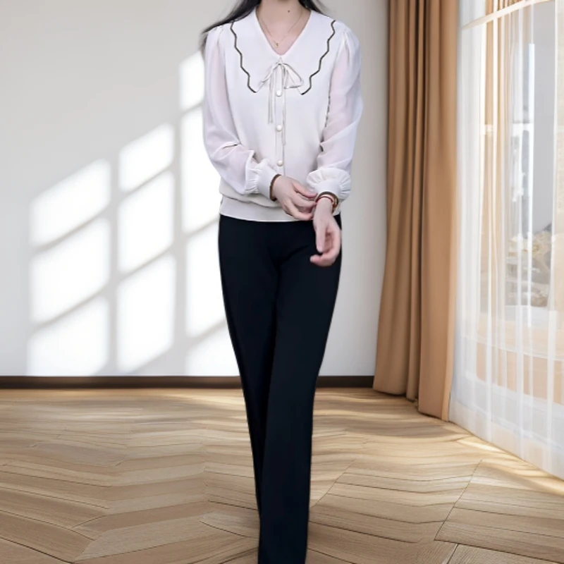 3507-长袖打底衫遮肚上衣小衫气质娃娃领显瘦衬衫