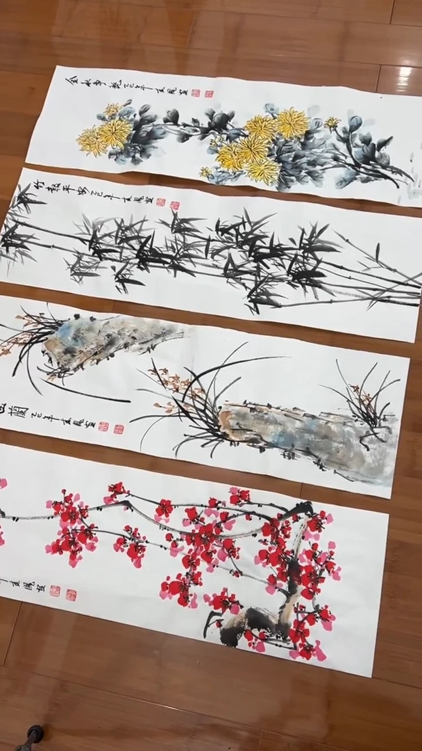 国画【福利，纯手工手绘】李春凤梅兰竹菊30*98厘米*4幅