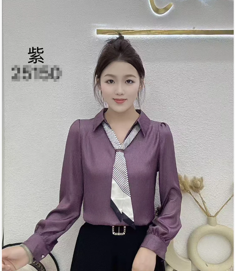 25-150 套头衬衫女长袖纯色百搭女士显瘦丝巾领带翻领衬衣