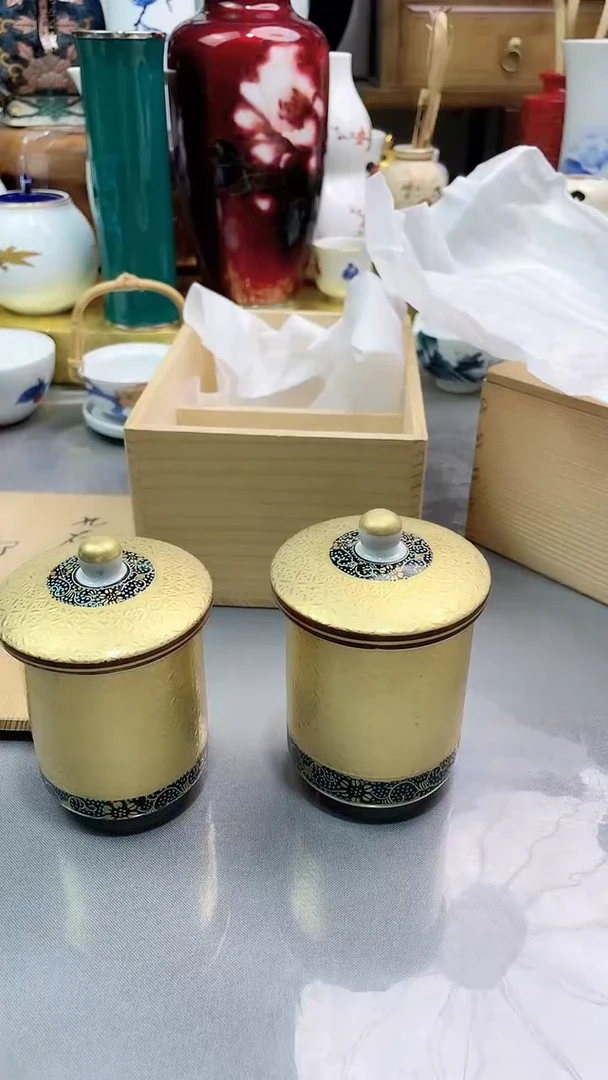 瓷片九谷盖杯一对