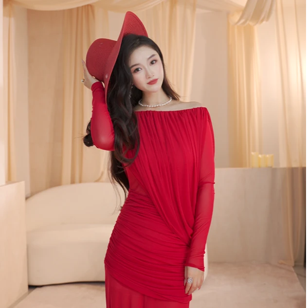 【漠岩沙丘】可一字肩斜肩轻礼服显瘦遮肉长裙