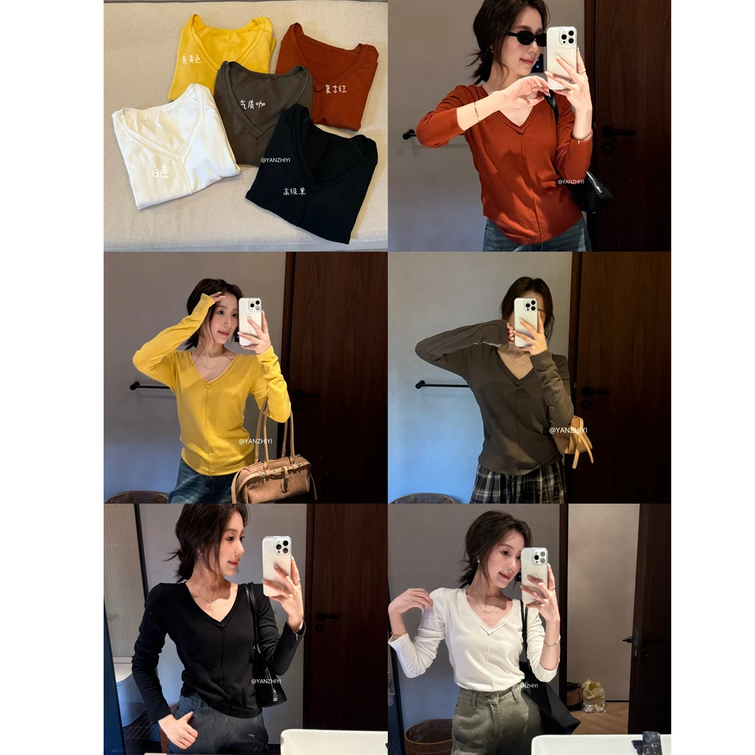 YPP！【线条T】简约不失气质感 双层卷边V领修身设计感长袖内搭上衣
