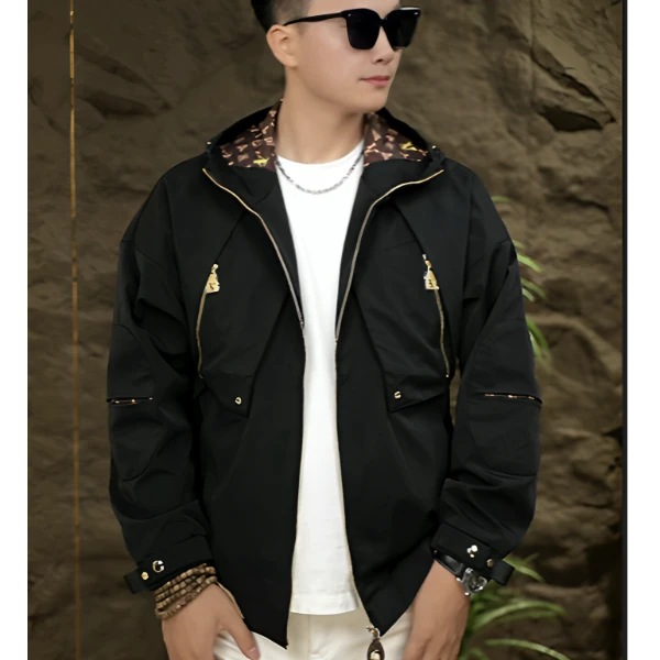 2025春秋季新款烧花老花男装夹克时尚休闲连帽印花外套休闲1090