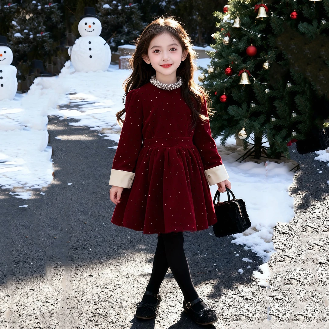 女童连衣裙厚款秋冬季新年款2026红色年服圣诞节小女孩裙子洋气