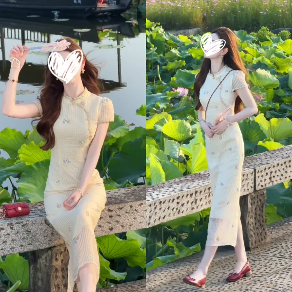 2025夏季新款女装新中式国风拼接花边气质修身刺绣小清新印花旗袍