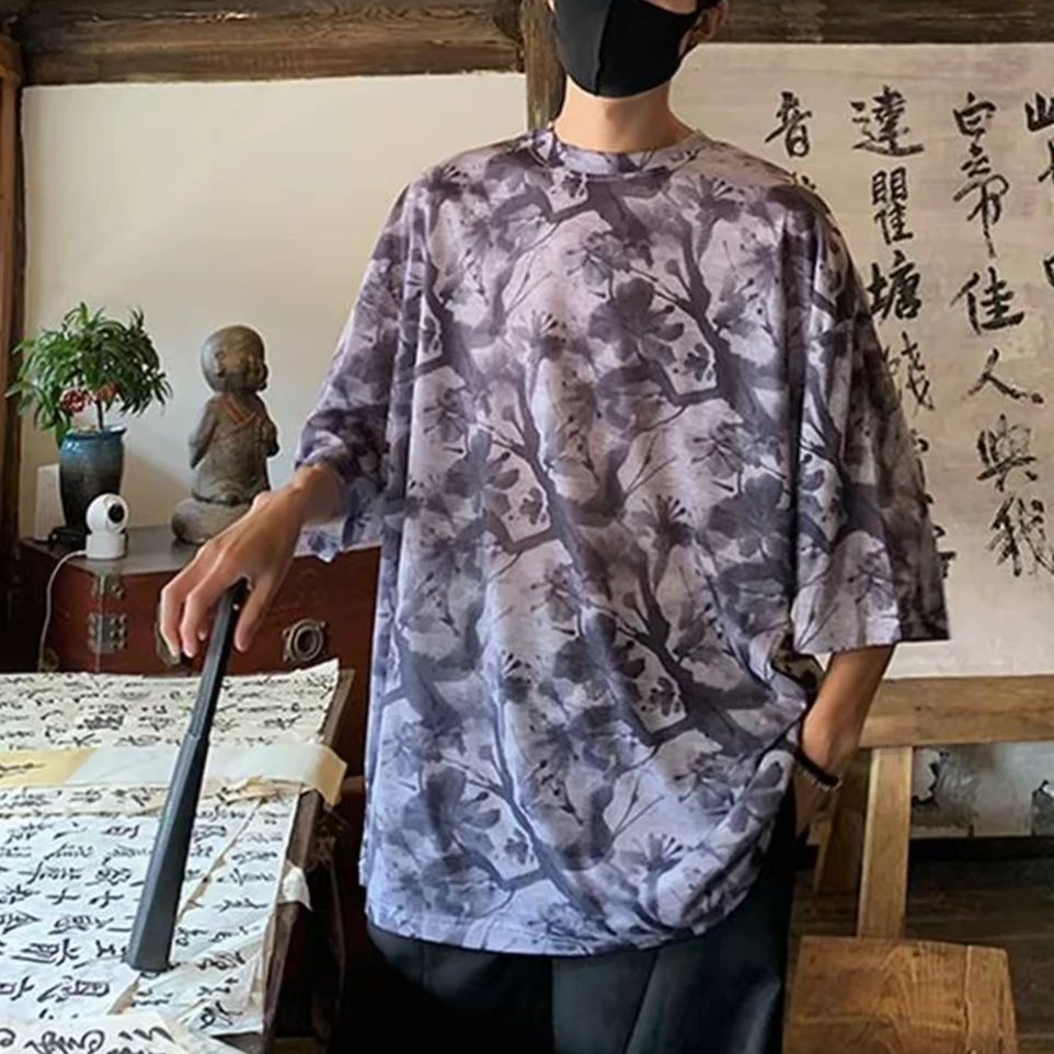 新中式男装中国风腊梅画夏季薄款冰丝短袖宽松五分袖t恤1803