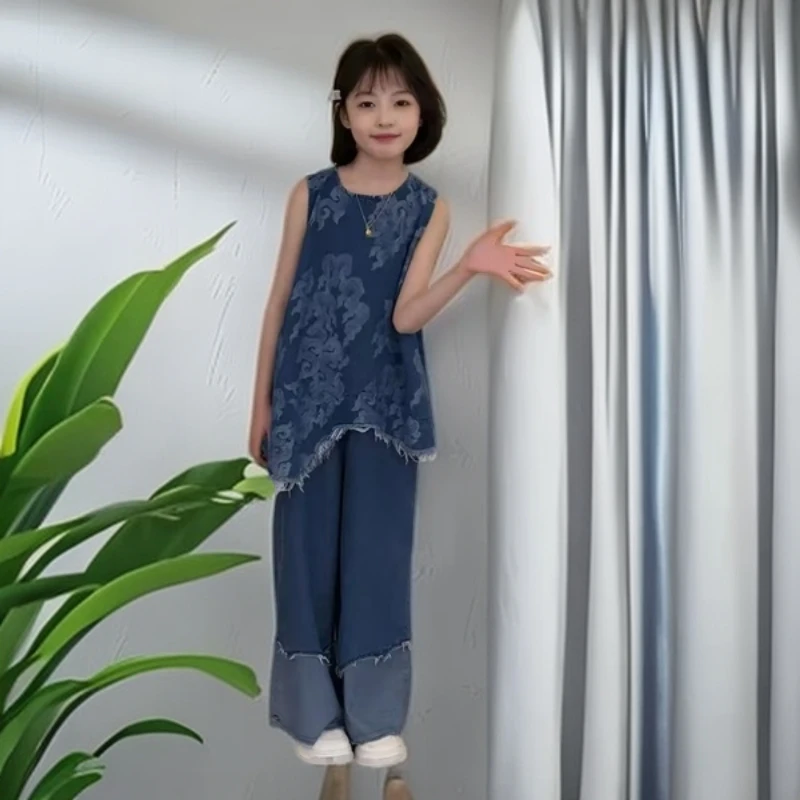 女童套装2025夏季新款中大童时尚洋气牛仔图腾背心裙阔腿裤两件套