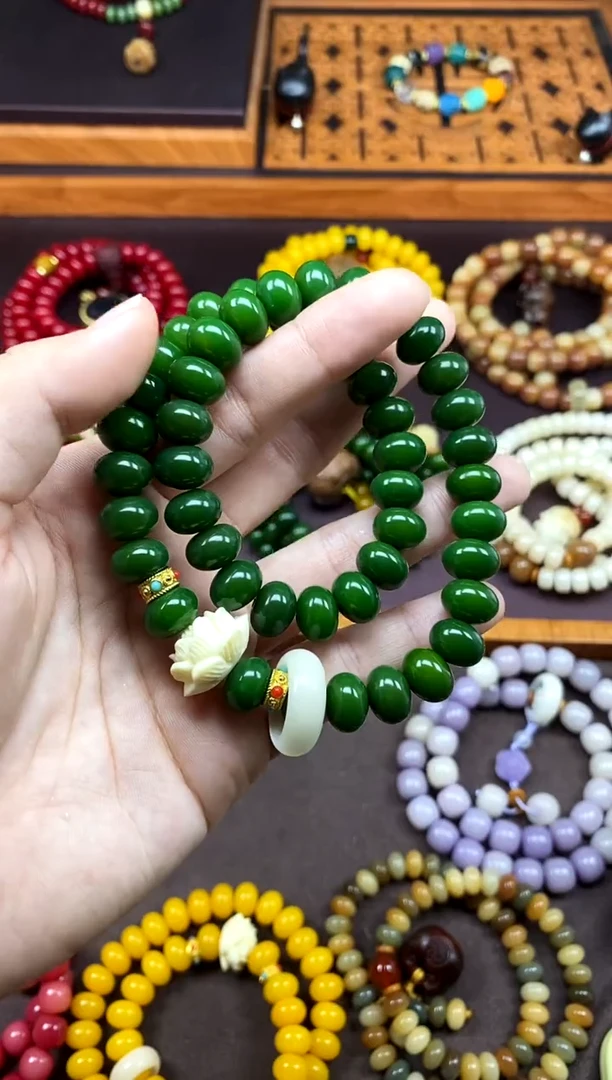 手串白玉菩提翠微 绿菩提双圈手串带莲花