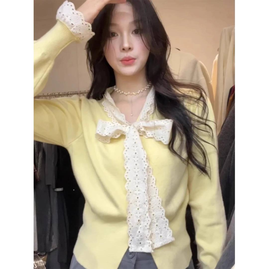 2025新款内搭秋冬针织衫外套女黄色甜美蕾丝花边蝴蝶结毛衣开衫