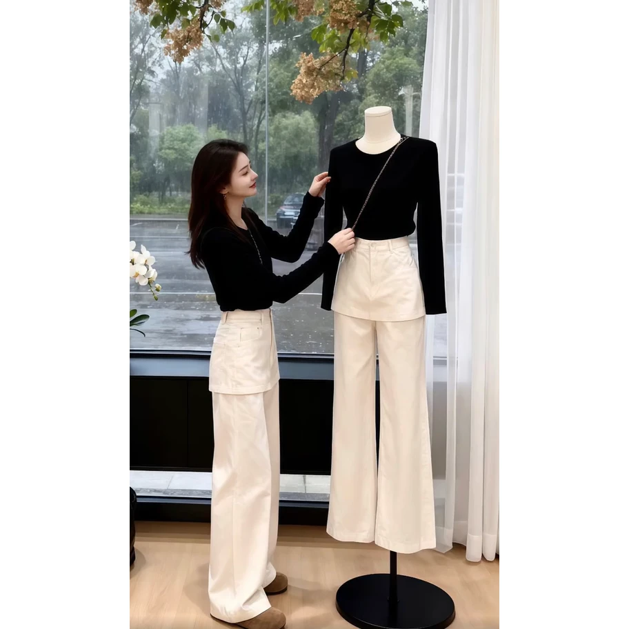 2025秋季新款韩系简约黑色显瘦长袖t恤女小众设计感屁帘长裤套装