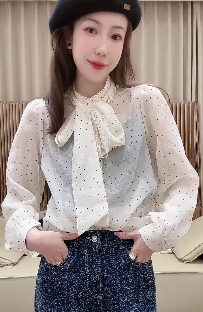 -DM•STUDIO/春款法式小众气质精致感波点长袖衬衫上衣（3227）