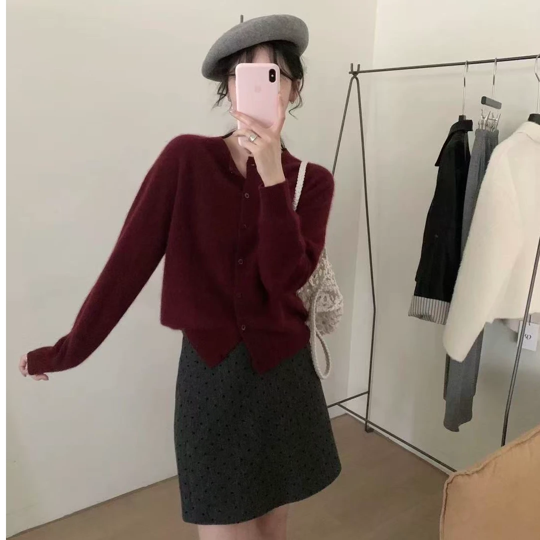 【酒红色】法式小香风针织开衫女毛衣外套气质时尚宽松上衣
